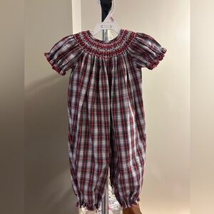 Christmas plaid smocked short sleeved romper Petit Bebe